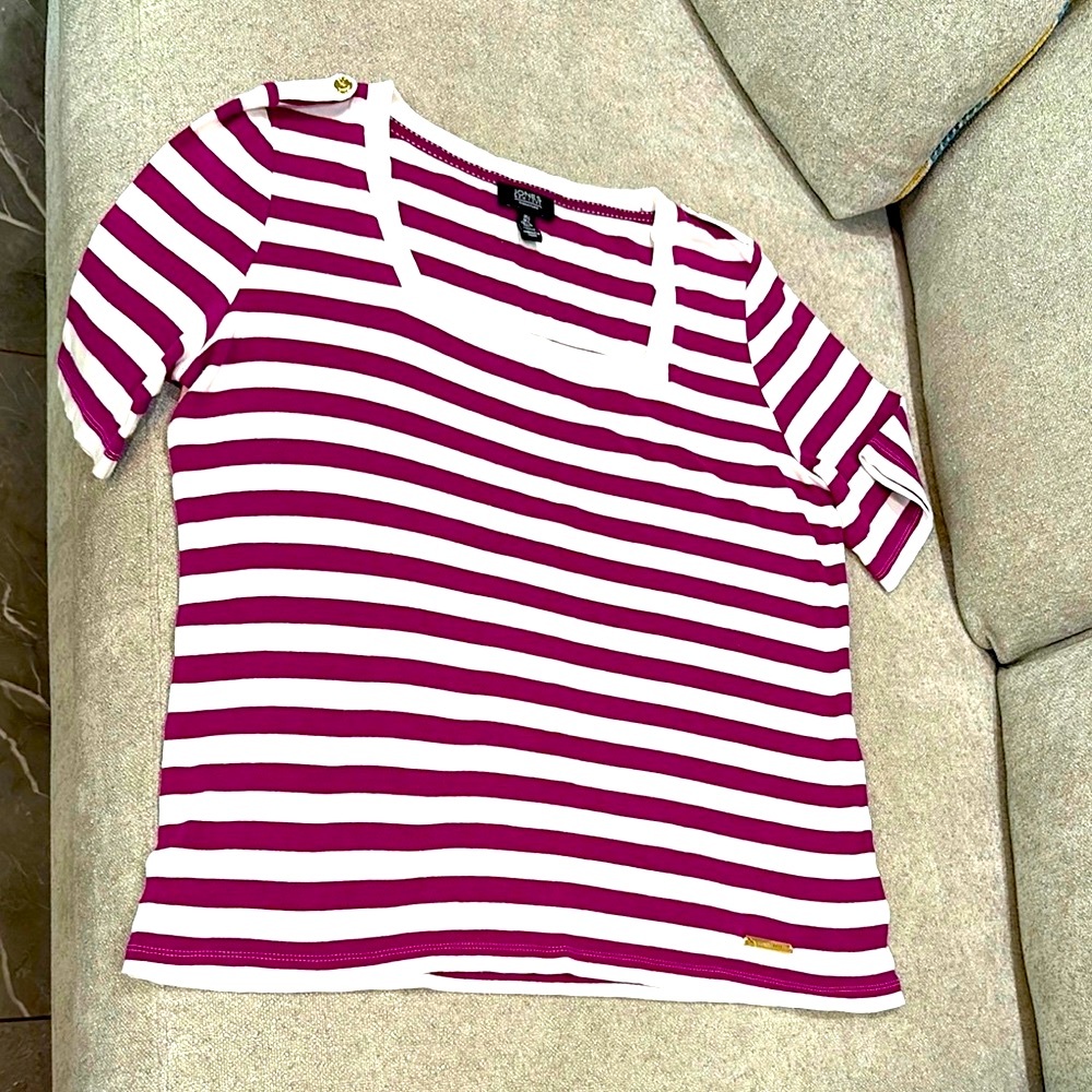 Jones New York ladies large violet White stripped Tee